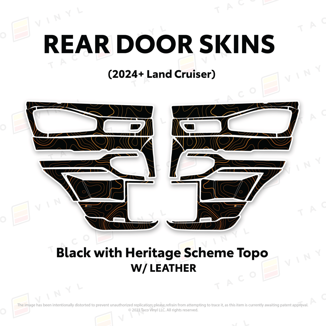 2024+ Land Cruiser 250 Door Skins | With Leather | Rear Driver/Passenger | Black w/Heritage Scheme Topo | Protective Vinyl