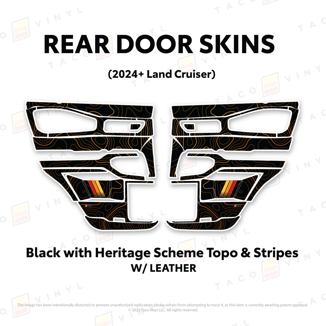 2024+ Land Cruiser 250 Door Skins | With Leather | Rear Driver/Passenger | Black w/Heritage Scheme Topo & Stripes | Protective Vinyl