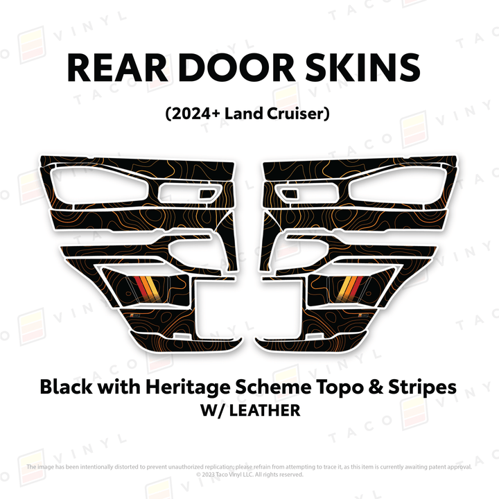 2024+ Land Cruiser 250 Door Skins | With Leather | Rear Driver/Passenger | Black w/Heritage Scheme Topo & Stripes | Protective Vinyl