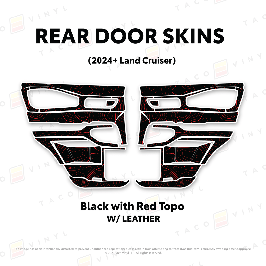 2024+ Land Cruiser 250 Door Skins | With Leather | Rear Driver/Passenger | Black w/Red Topo | Protective Vinyl