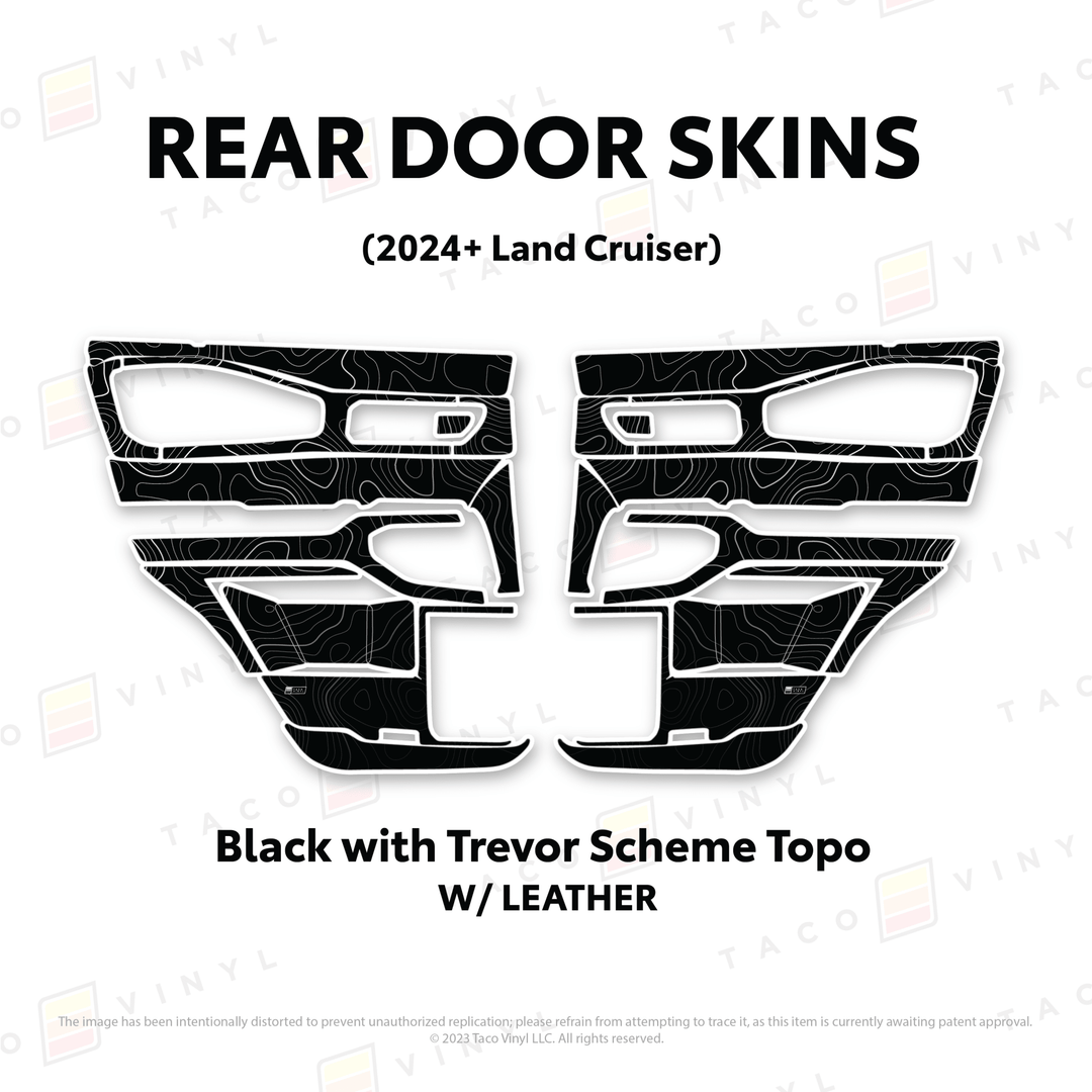 2024+ Land Cruiser 250 Door Skins | With Leather | Rear Driver/Passenger | Black w/Trevor Scheme Topo | Protective Vinyl