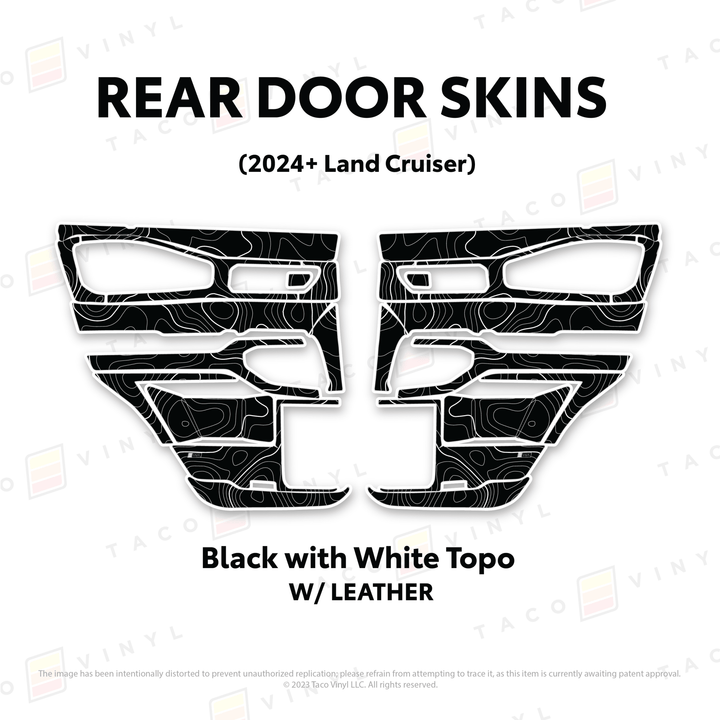 2024+ Land Cruiser 250 Door Skins | With Leather | Rear Driver/Passenger | Black w/White Topo | Protective Vinyl