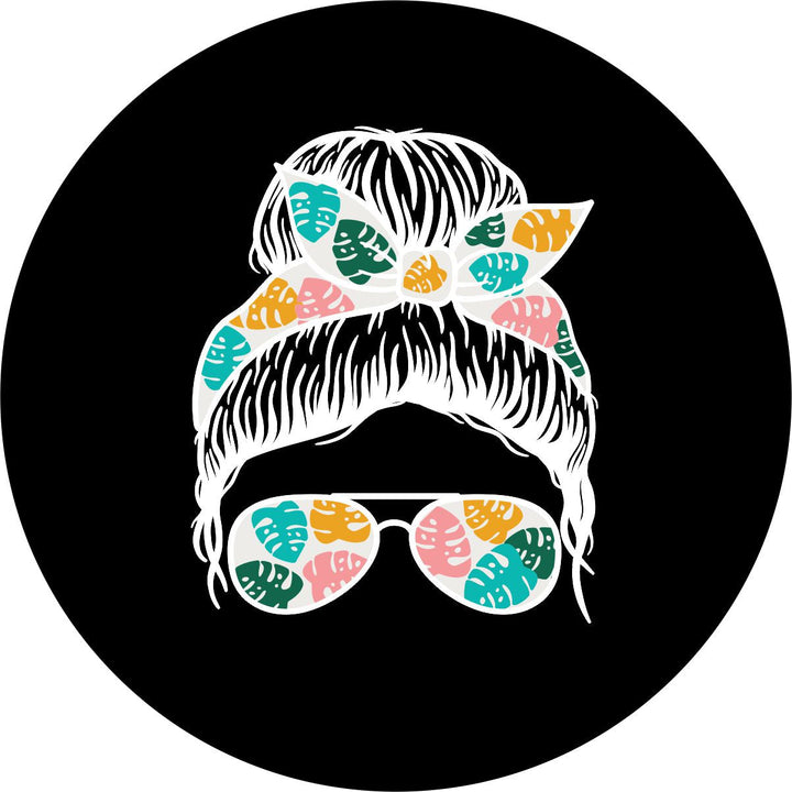 Top Knot Tropical Girl With Sunglasses - Custom Designed Tire Cover for Jeep, RV, Camper, Etc.