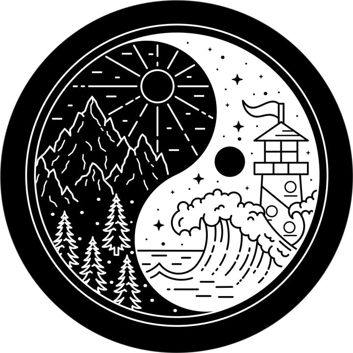 Mountains Meet Ocean Yin Yang Spare Tire Cover - Jeep, Bronco, RV, Camper, Trailer, FJ Cruiser, & More