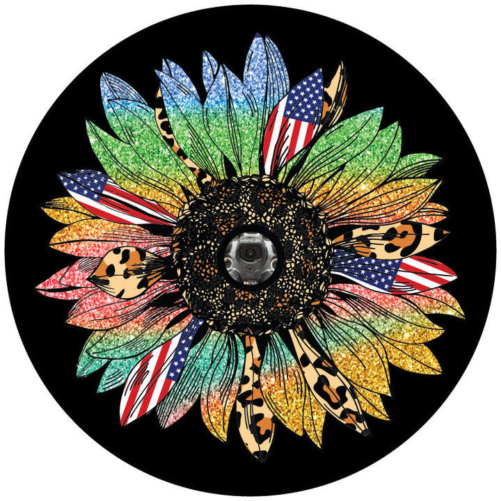 Sunflower Gone Wild - Cheetah Print, Rainbow Sparkles, American Flag Spare Tire Cover