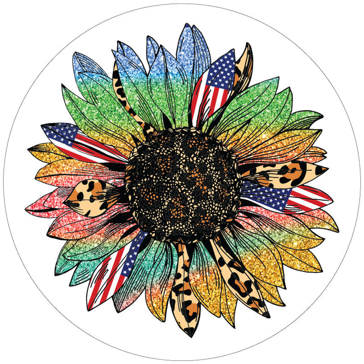 Sunflower Gone Wild - Cheetah Print, Rainbow Sparkles, American Flag Spare Tire Cover