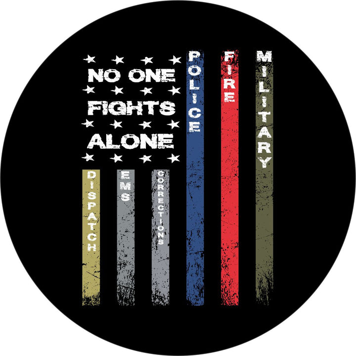 No One Fights Alone American Flag Spare Tire Cover for Jeep, Bronco, RV, Camper, Trailer, Van, & More