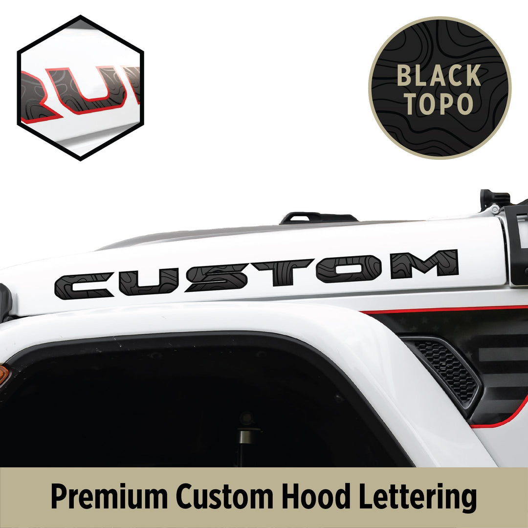 Custom Premium Lettering for Hood | Set of 2, Black on Black American Flag with Gloss Accent Color
