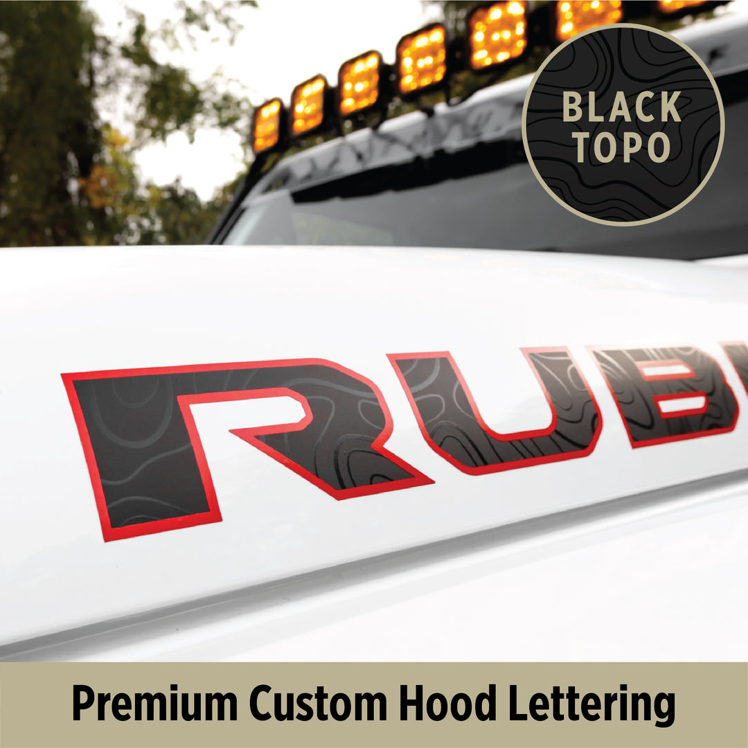 Custom Premium Lettering for Hood | Set of 2, Black on Black Topo with Gloss Accent Color