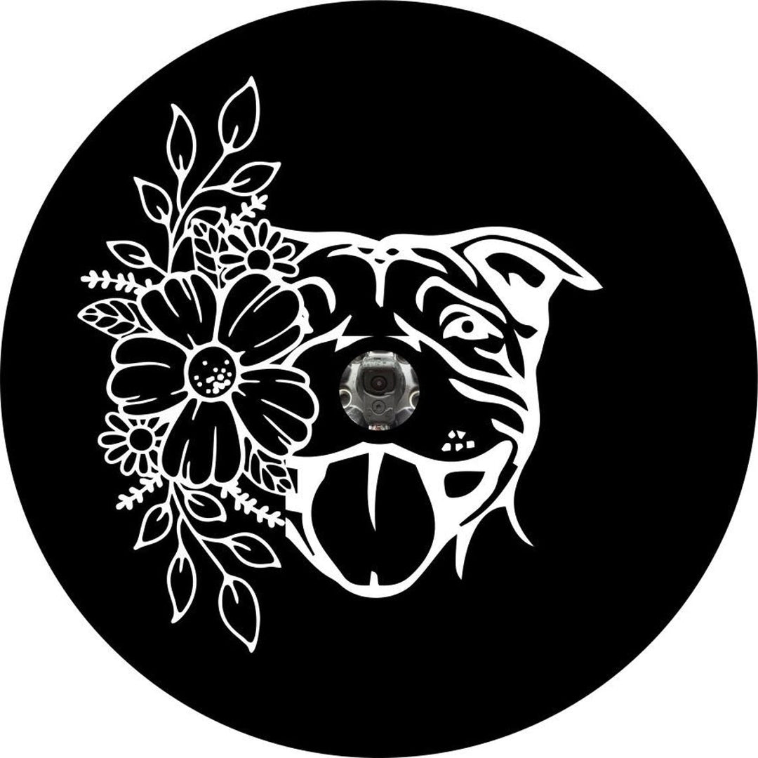 Flowers & Pit Bull Spare Tire Cover Design for Jeep, Bronco, Campers, RV, Trailers, & More