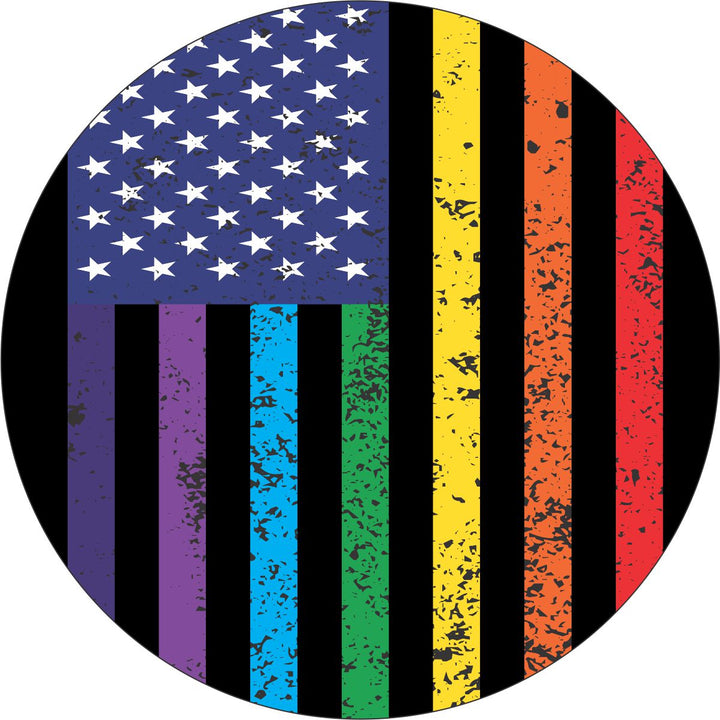 Distressed Pride Rainbow American Flag Spare Tire Cover for Jeep, Bronco, RV, Camper, Van, & More