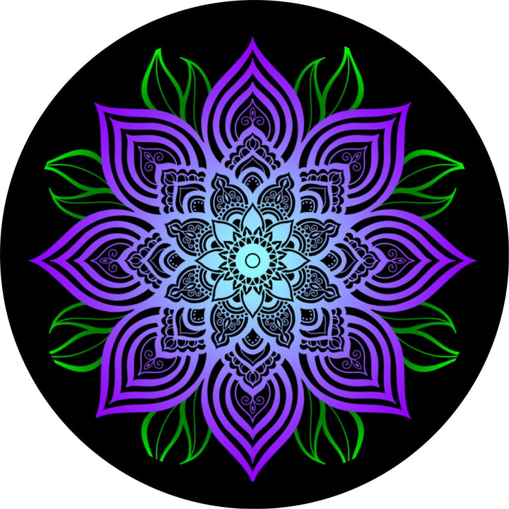 Purple Mandala Flower with Green Leaves Spare Tire Cover for any Vehicle, Make, Model and Size