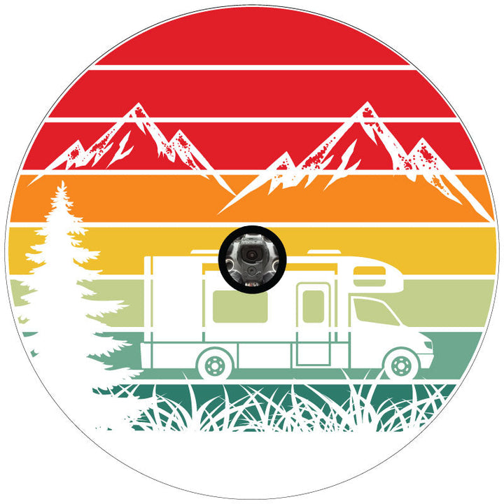 Traveling Motorcoach in The Mountains Retro Spare Tire Cover Design for RV, Camper, Motorcoach, Travel Trailer