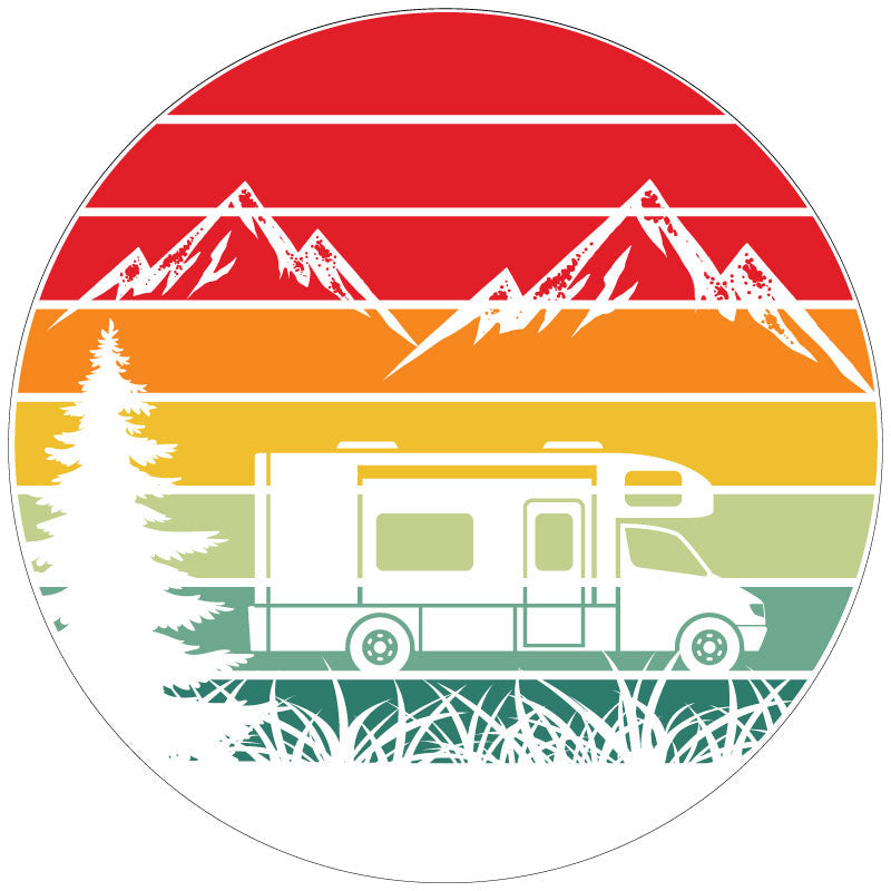 Traveling Motorcoach in The Mountains Retro Spare Tire Cover Design for RV, Camper, Motorcoach, Travel Trailer