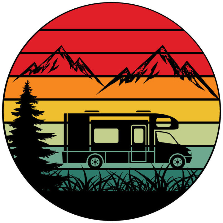 Traveling Motorcoach in The Mountains Retro Spare Tire Cover Design for RV, Camper, Motorcoach, Travel Trailer