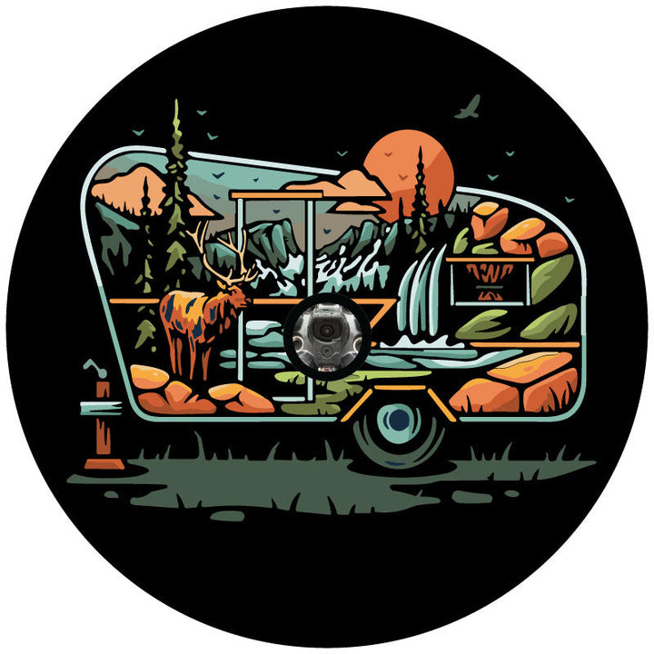 Camper-Themed Unique Outdoor Landscape Spare Tire Cover for Campers & RVs