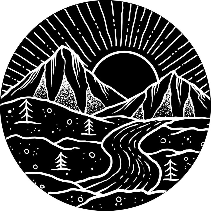 River Flowing Mountain Range at Sunset Spare Tire Cover  Jeep, RV, Bronco, Camper, Trailer, Van, Etc.