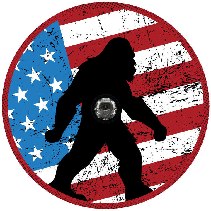 Rustic American Flag & Silhouette of Sasquatch Spare Tire Cover for Bronco, RV, Jeep, Camper, Van