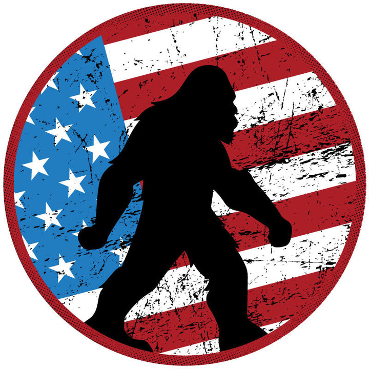 Rustic American Flag & Silhouette of Sasquatch Spare Tire Cover for Bronco, RV, Jeep, Camper, Van