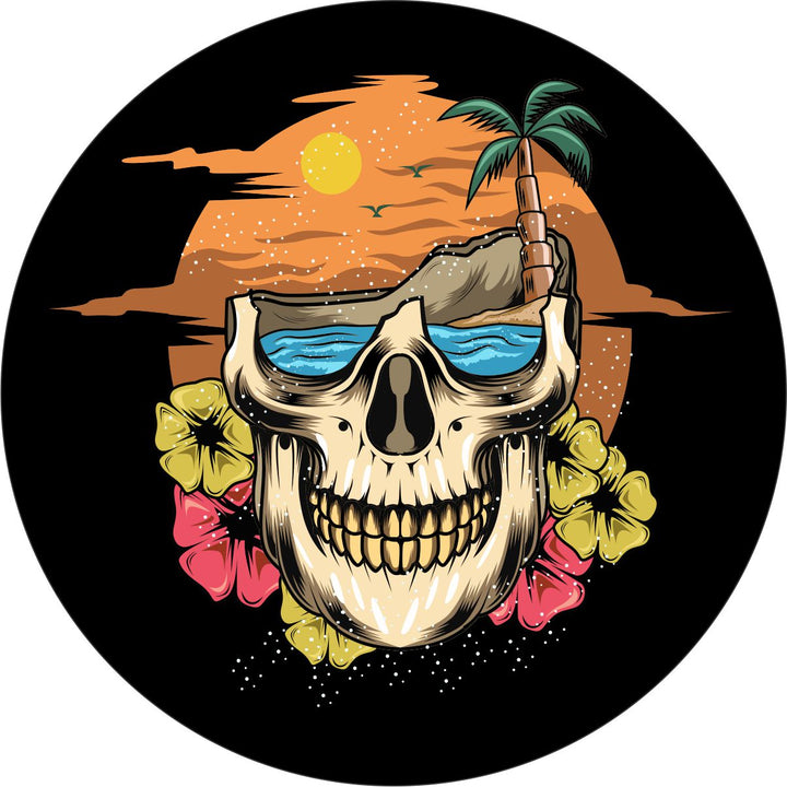 Tropical Skull, Beach, & Hibiscus Flowers Spare Tire Cover for Jeep, RV, Bronco, and More