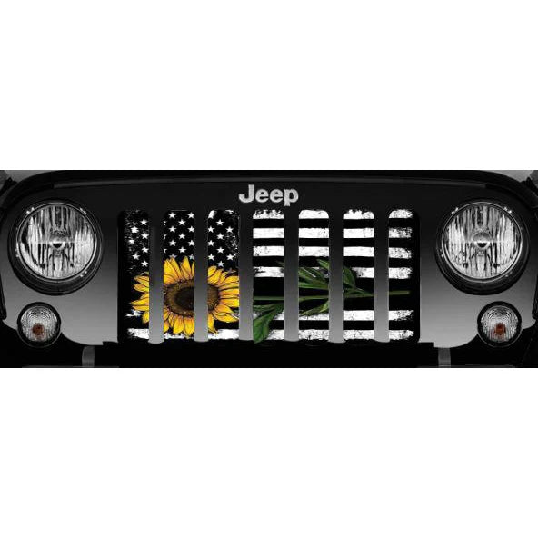 Sunflower On Tactical American Flag Jeep Grille Insert Design