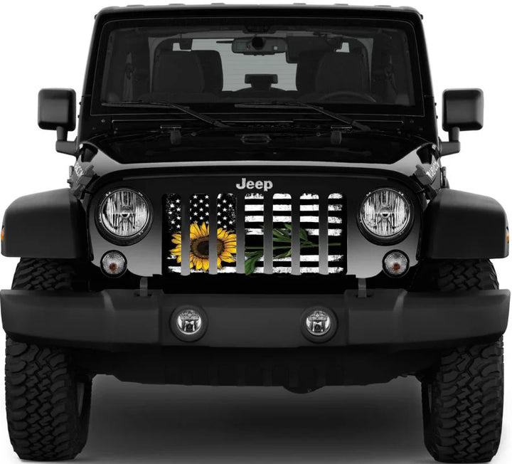 Sunflower On Tactical American Flag Jeep Grille Insert Design