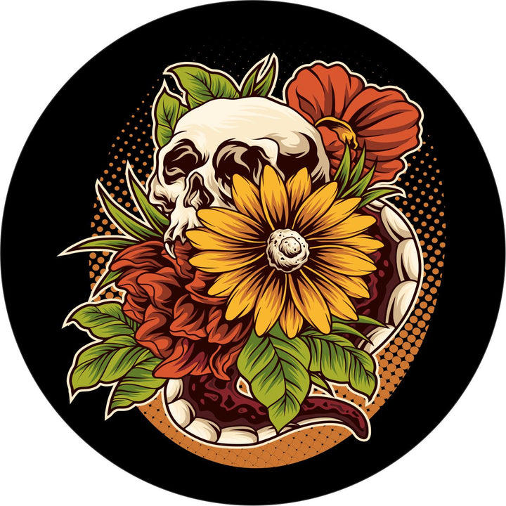 Sunflower & Hibiscus Skull Unique Spare Tire Cover