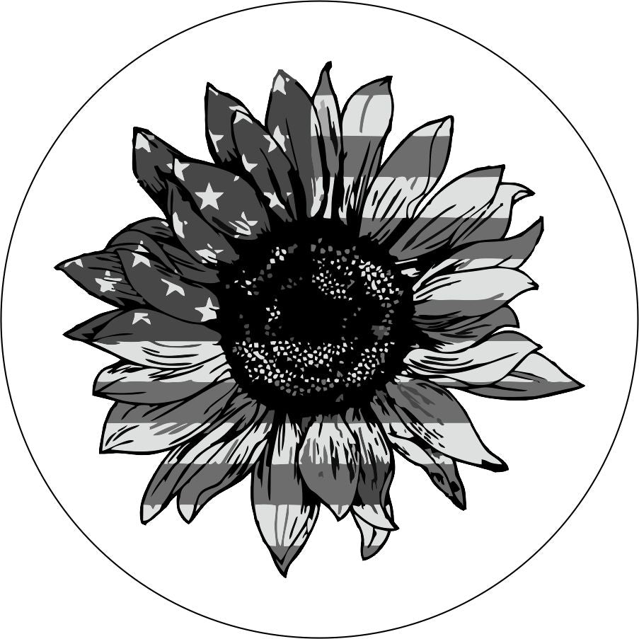 Gray Sunflower American Flag Spare Tire Cover for Jeep, RV, Bronco, & More