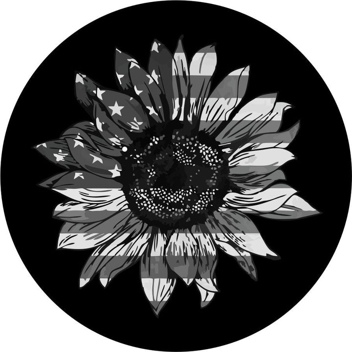 Gray Sunflower American Flag Spare Tire Cover for Jeep, RV, Bronco, & More