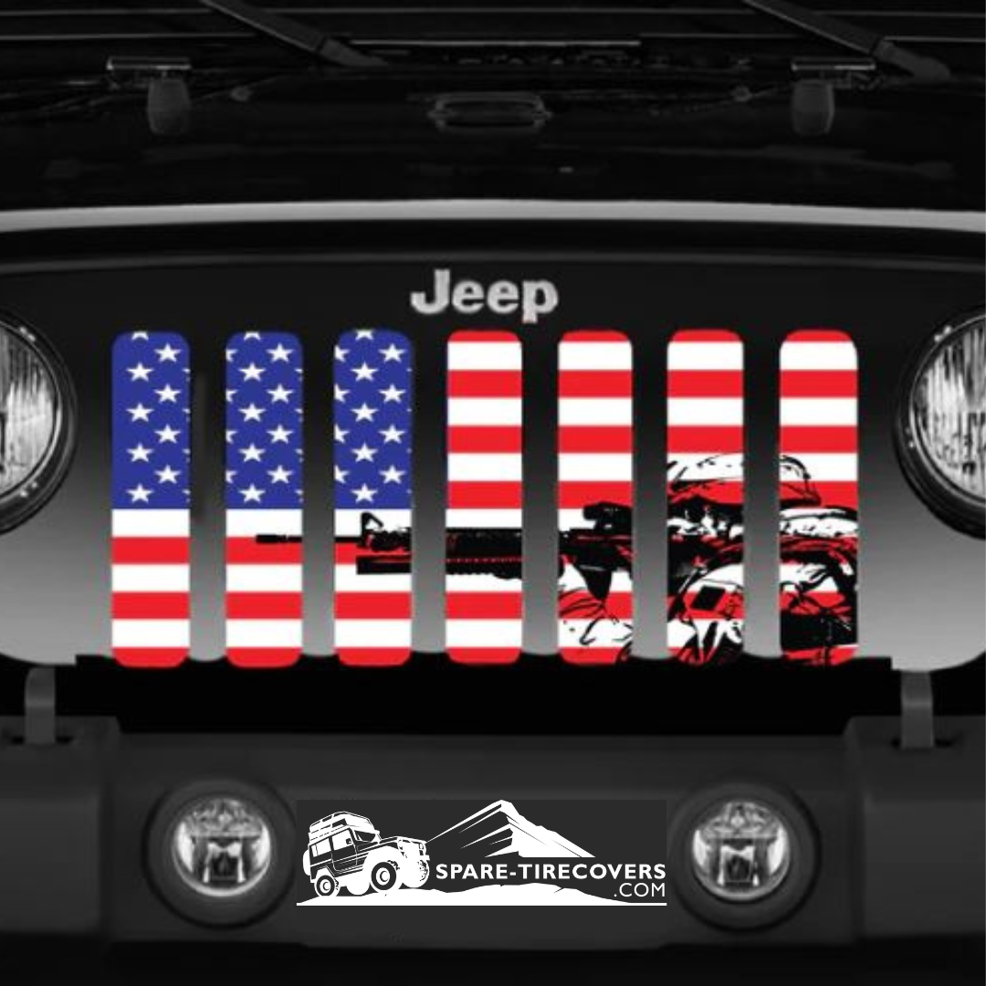 American Soldier On American Flag Jeep Grille Insert for Jeep Wrangler