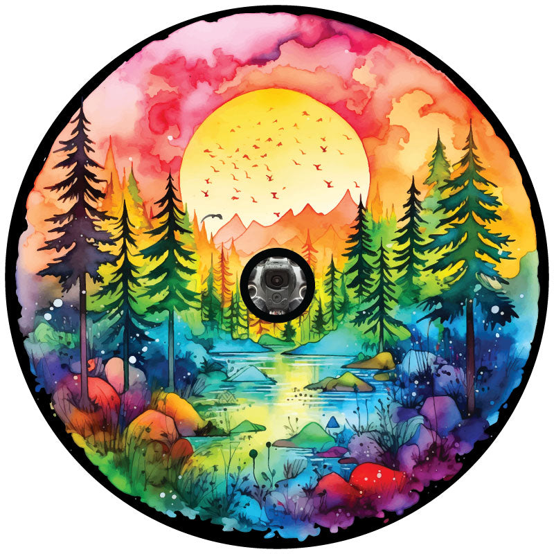 Watercolor Painting Nature Lake Landscape at Sunset Spare Tire Cover