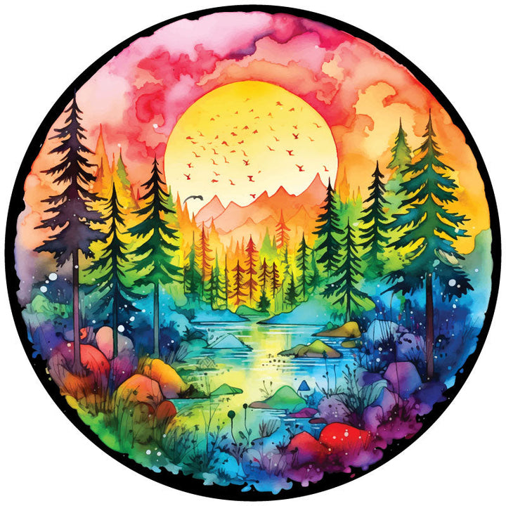 Watercolor Painting Nature Lake Landscape at Sunset Spare Tire Cover