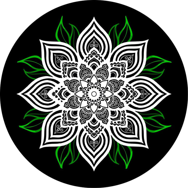 White Mandala Flower with Green Leaves