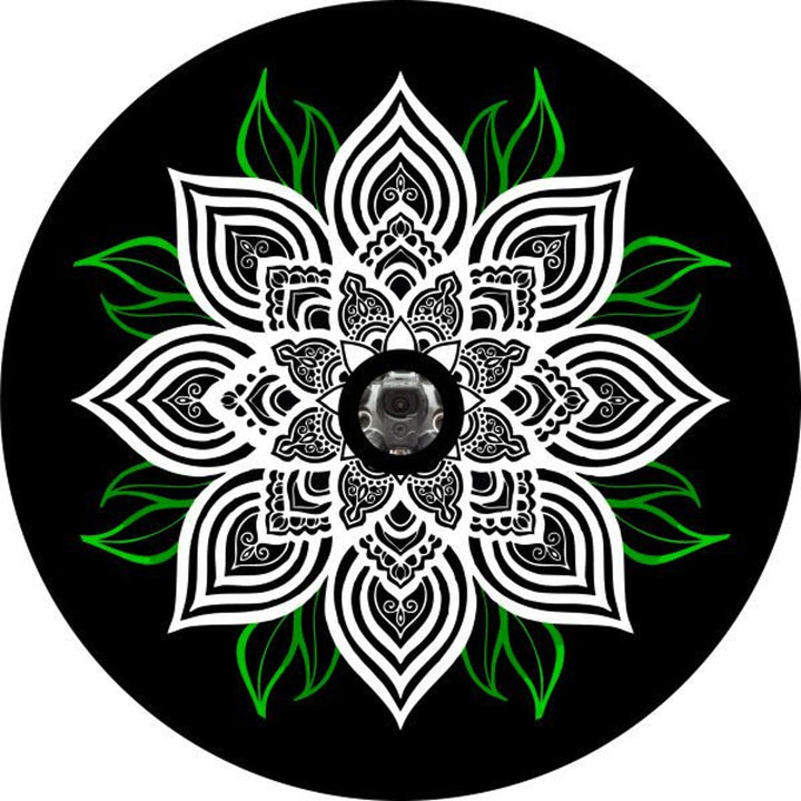 White Mandala Flower with Green Leaves