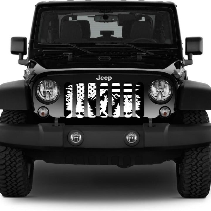 Mountain Sasquatch Bigfoot Peace Sign American Flag Jeep Wrangler Grille Insert