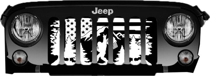 Mountain Sasquatch Bigfoot Peace Sign American Flag Jeep Wrangler Grille Insert