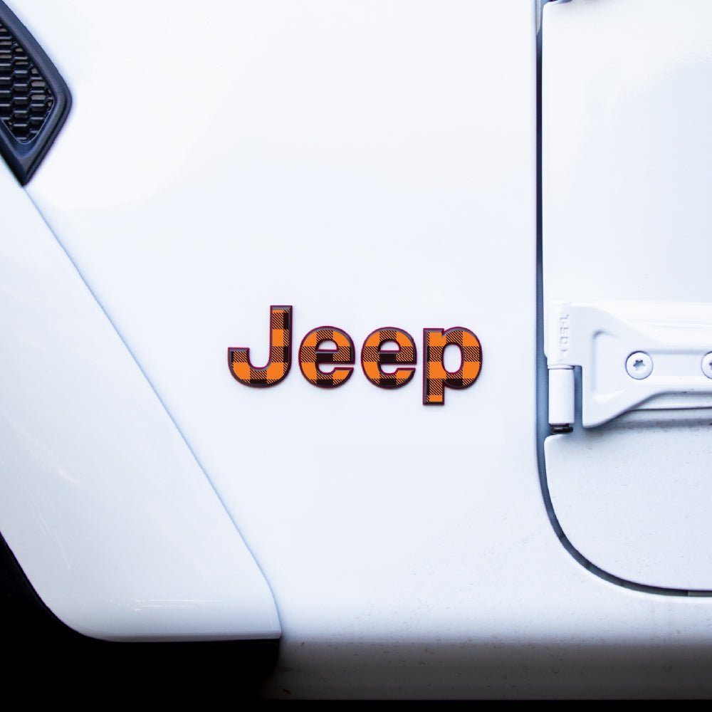 JEEP Wrangler Emblem Overlay Decal Set | Fits JL, JK, TJ &amp; YJ | Wrangler JL (2018+) | Orange Plaid | Matte | Decal