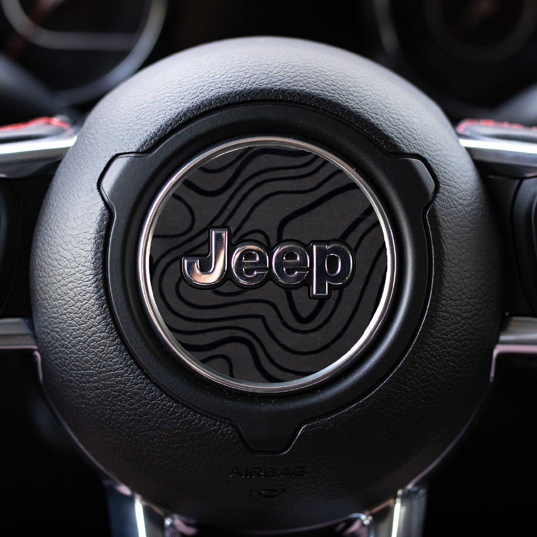 Black on Black Topographical Map Steering Wheel Accessory for Jeep vehicles
